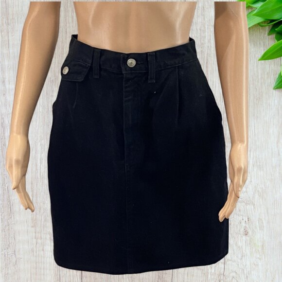 VIVALDI -- Black Denim Skirt with Two Side Pockets, Zip/Button Front - Picture 1 of 15